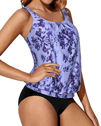 Two Piece Loose Fit Modest Tankini Bathing Suits For Women-Blue Tie Dye