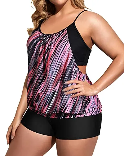 Two Piece Push Up Tankini Top With Boy Shorts For Women Plus Size-Black And Pink Stripes