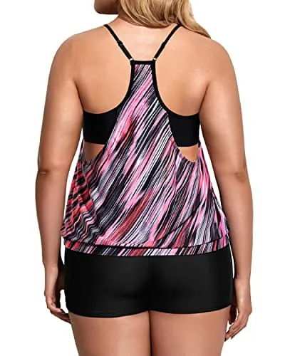 Two Piece Push Up Tankini Top With Boy Shorts For Women Plus Size-Black And Pink Stripes