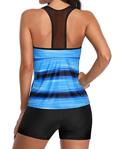 Two Piece Racerback Tankini Top With U Neck And Boy Shorts Swimsuits-Blue And Black Stripe