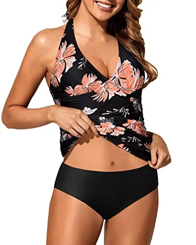 Two Piece Ruched Tankini Cover Tummy Control Swimsuit-Black Orange Floral