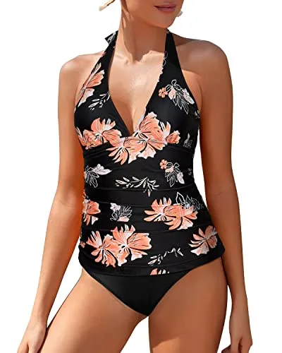 Two Piece Ruched Tankini Cover Tummy Control Swimsuit-Black Orange Floral