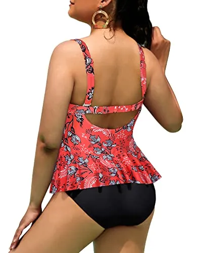 Two Piece Ruffle Hem Peplum Tankini Swimsuits For Curvy Girls-Red Floral