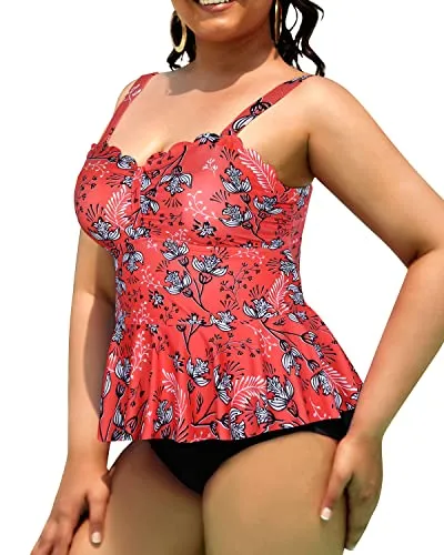 Two Piece Ruffle Hem Peplum Tankini Swimsuits For Curvy Girls-Red Floral