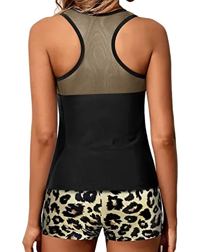 Two Piece Sporty Swimwear Athletic Racerback Tankini Swimsuits-Black And Leopard