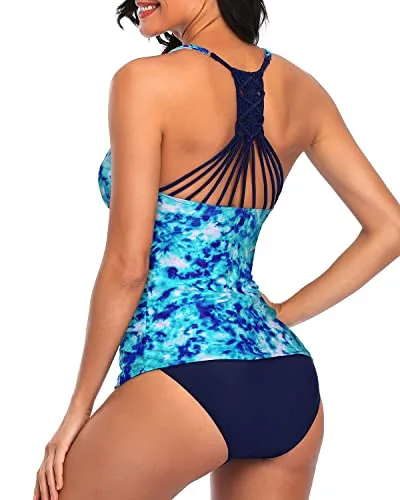 Two Piece Super Slimming Style Tankini Sets For Women-Blue Tie Dye