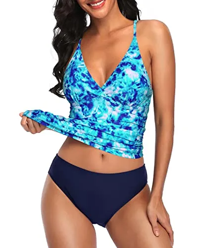 Two Piece Super Slimming Style Tankini Sets For Women-Blue Tie Dye