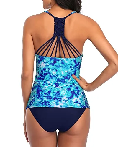 Two Piece Super Slimming Style Tankini Sets For Women-Blue Tie Dye