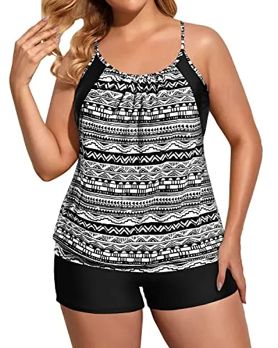 Two Piece Tankini Set With Deep Cut Swim Top And Boyshorts Bottom-Black White Stripe
