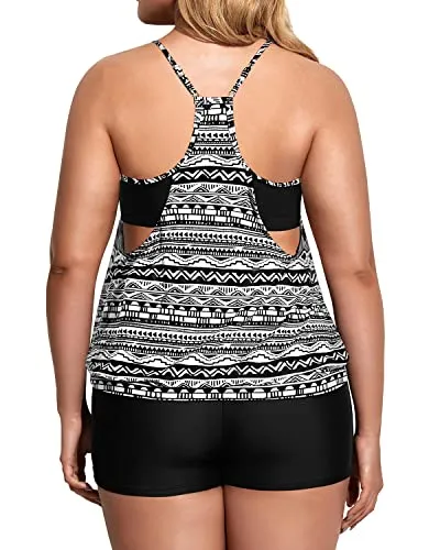 Two Piece Tankini Set With Deep Cut Swim Top And Boyshorts Bottom-Black White Stripe