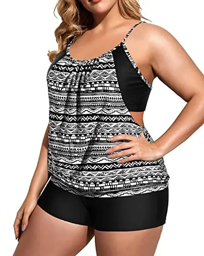 Two Piece Tankini Set With Deep Cut Swim Top And Boyshorts Bottom-Black White Stripe
