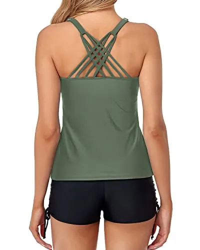 Two Piece Tankini Swimsuits Athletic Tummy Control Shorts-Olive Green
