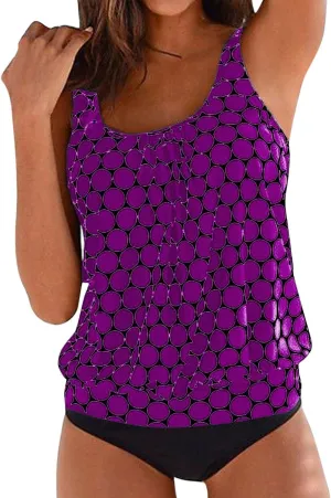 Two Piece Tankini Swimsuits for Women Print Tank Tops with Black Bottoms Modest Loose Fit Swimwear Sets Bathing Suits