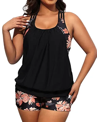 Two Piece Tummy Control Bathing Suit For Women With Big Breasts-Black Floral