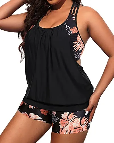 Two Piece Tummy Control Bathing Suit For Women With Big Breasts-Black Floral