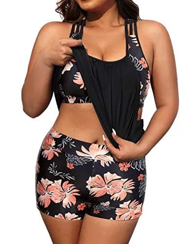 Two Piece Tummy Control Bathing Suit For Women With Big Breasts-Black Floral