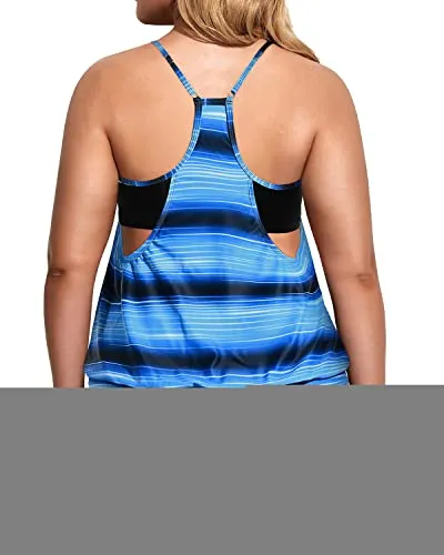 Two Piece Tummy Control Tankini Swimsuits For Women Plus Size-Blue And Black Stripe