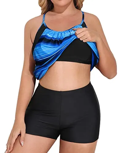 Two Piece Tummy Control Tankini Swimsuits For Women Plus Size-Blue And Black Stripe
