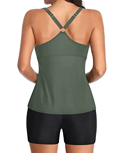 U Neck Swim Tank Top Racerback And Boyshort Swimwear For Women-Army Green And Black