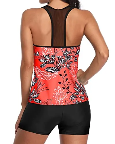 U Neck Tankini Top With Mesh Racerback And Boyleg Shorts For Women-Red Floral