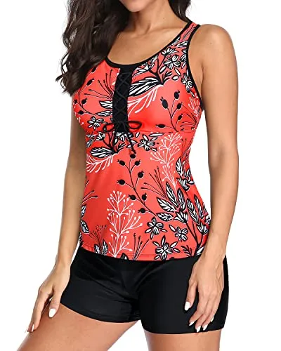 U Neck Tankini Top With Mesh Racerback And Boyleg Shorts For Women-Red Floral