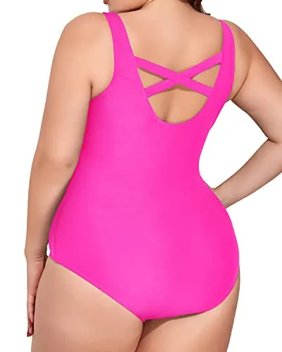 Unique Ruched Tummy Control Bathing Suits For Plus Size Women-Neon Pink