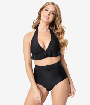 Unique Vintage Black Belted Retro Redondo Swim Bottoms