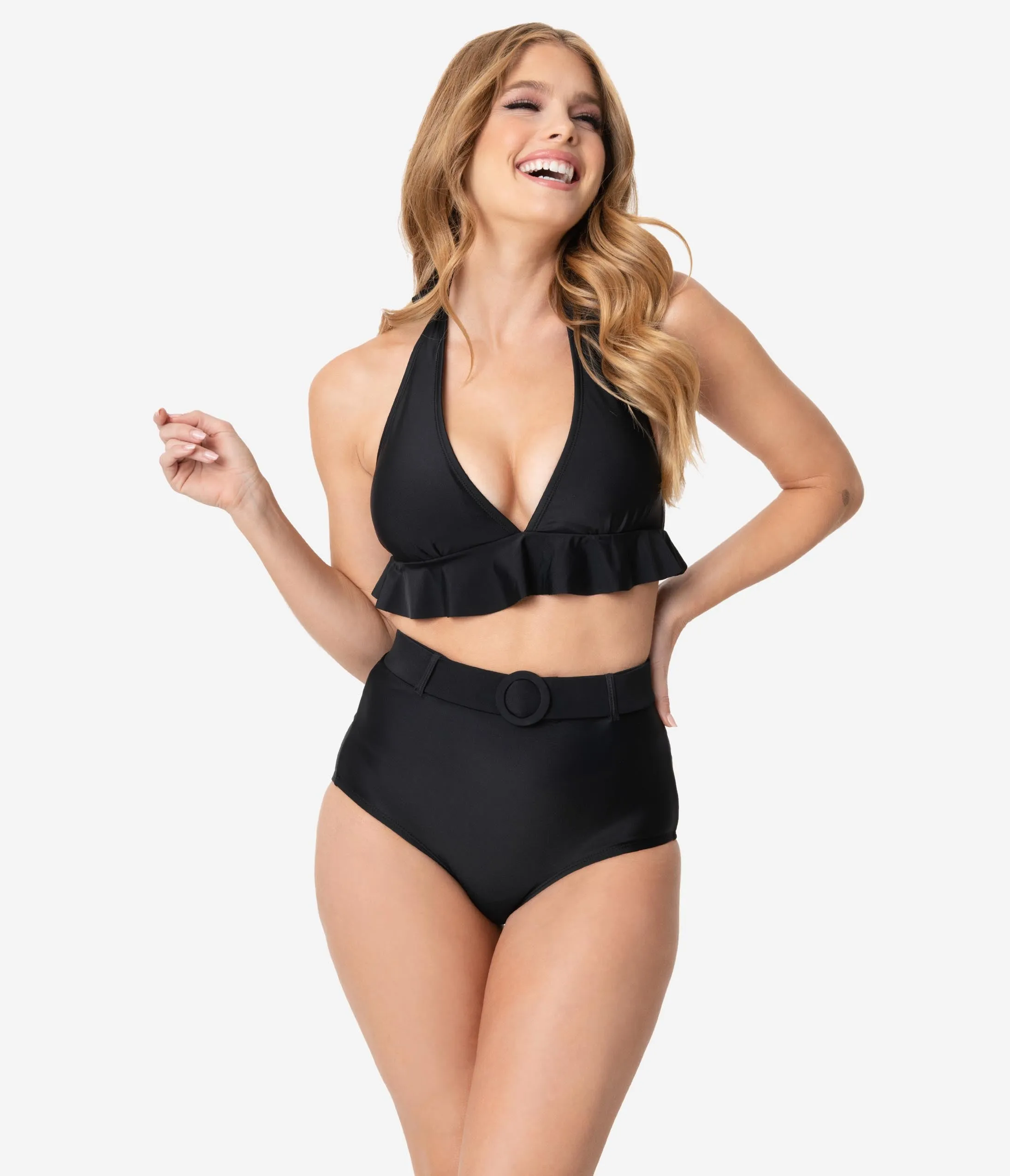 Unique Vintage Black Belted Retro Redondo Swim Bottoms