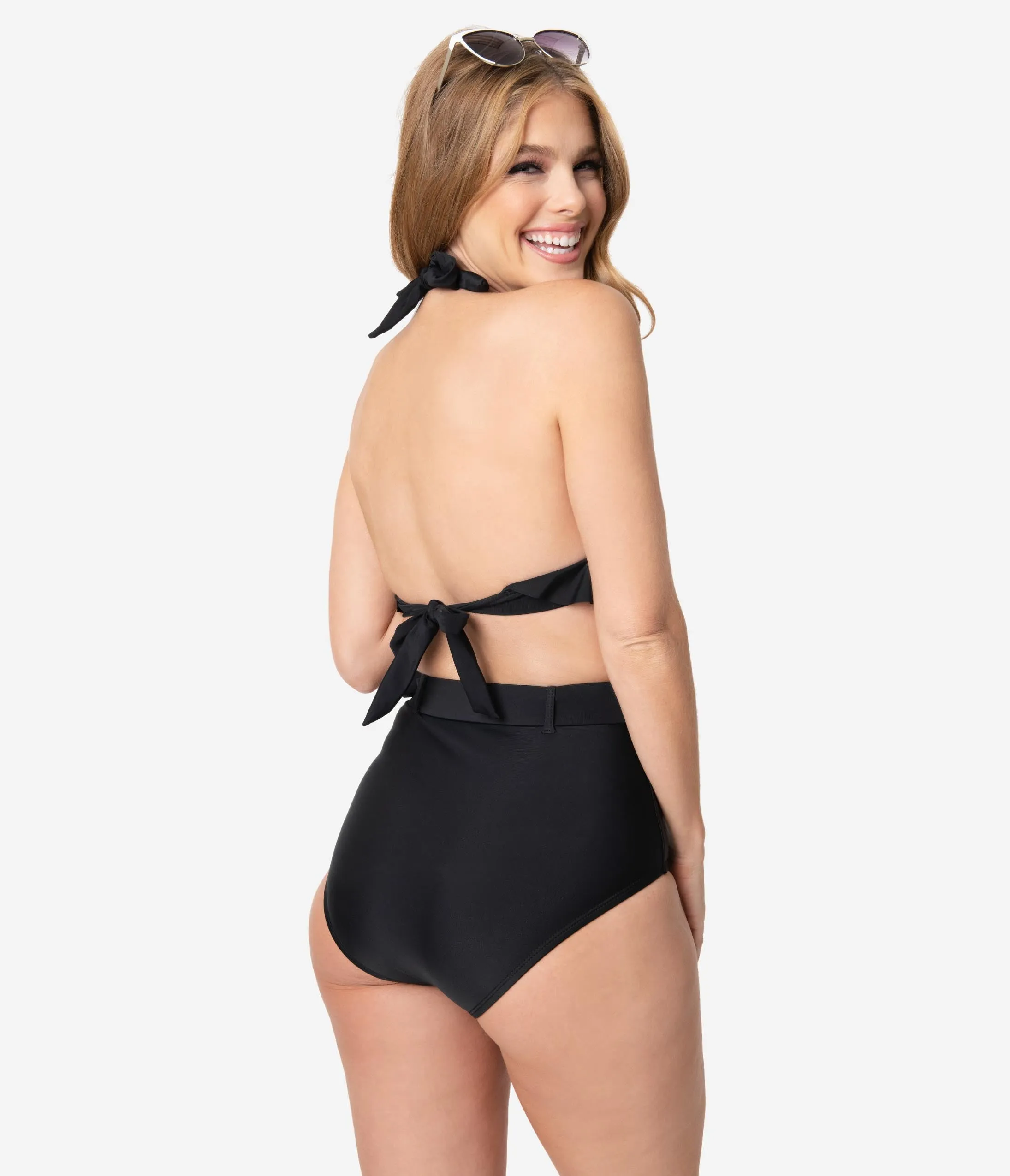 Unique Vintage Black Belted Retro Redondo Swim Bottoms