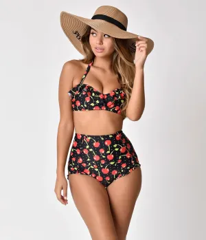 Unique Vintage Black Cherry Print Bette High Waist Swim Bottoms