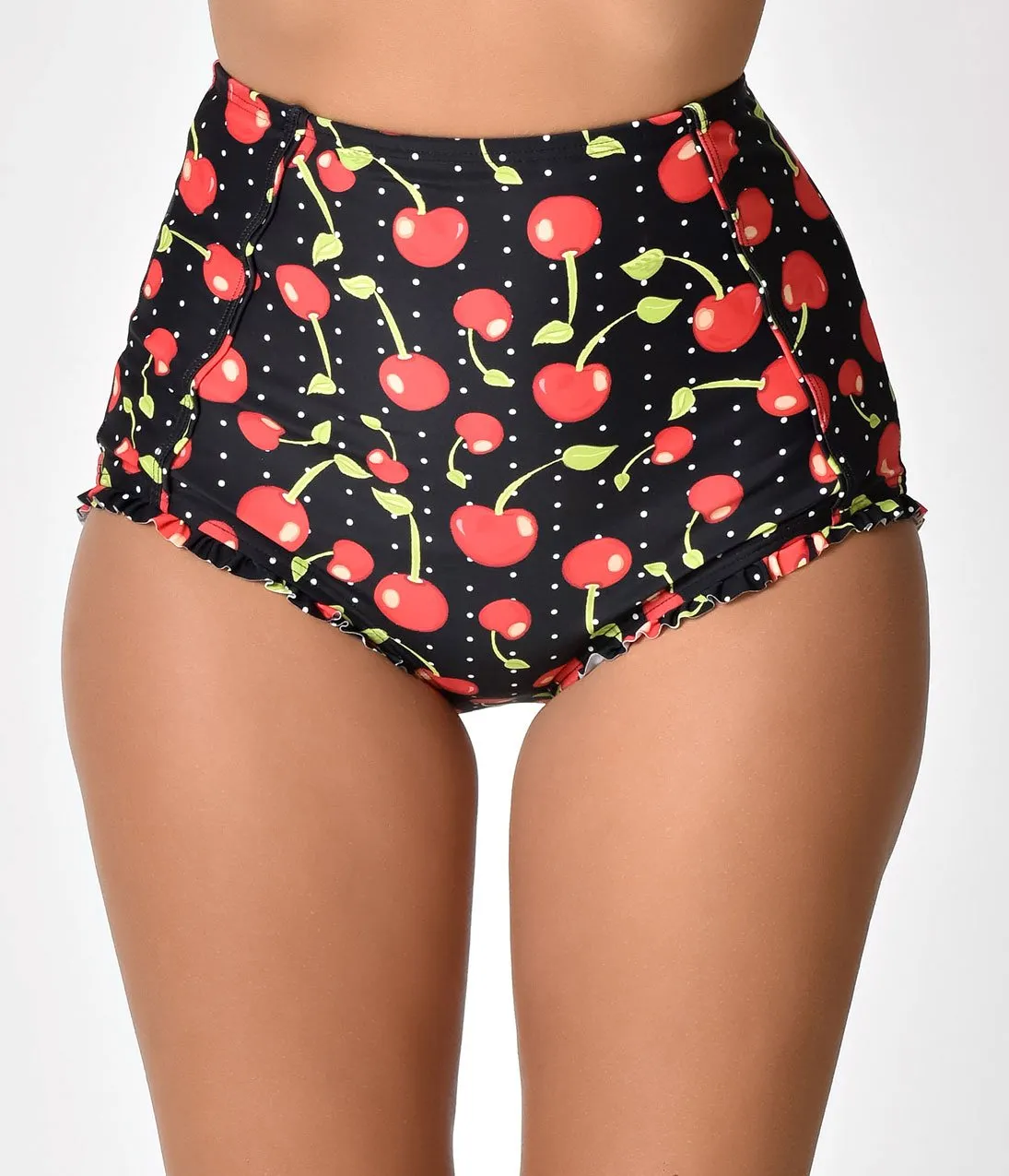 Unique Vintage Black Cherry Print Bette High Waist Swim Bottoms