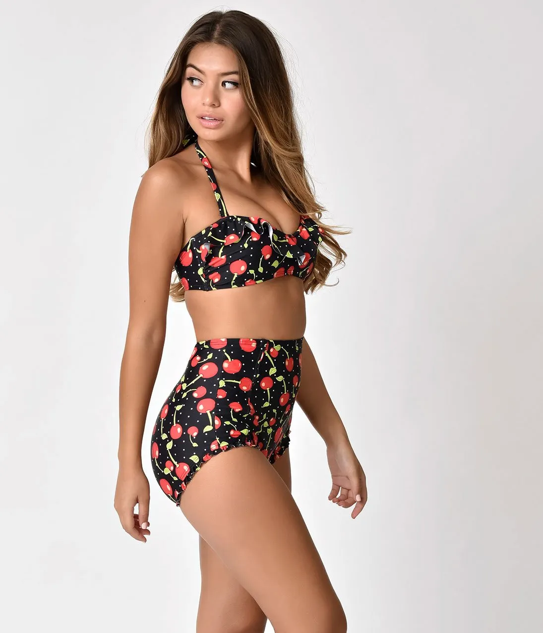 Unique Vintage Black Cherry Print Bette High Waist Swim Bottoms