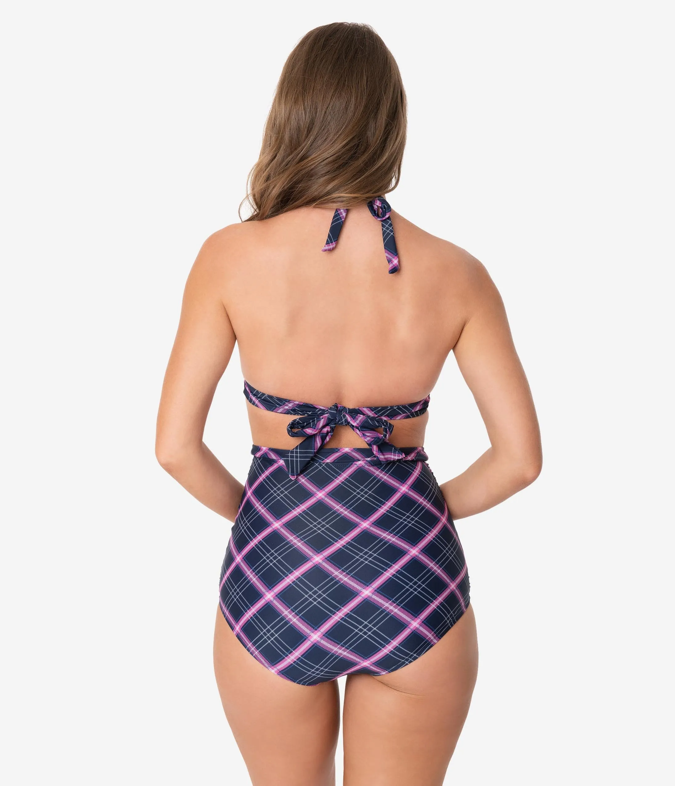 Unique Vintage Navy & Pink Plaid Monroe High Waist Swim Bottom