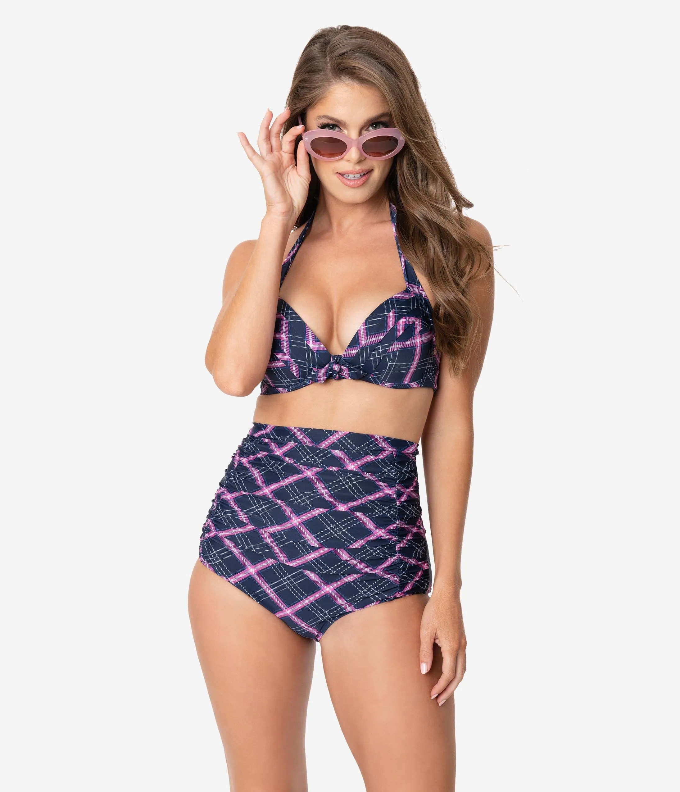 Unique Vintage Navy & Pink Plaid Monroe High Waist Swim Bottom