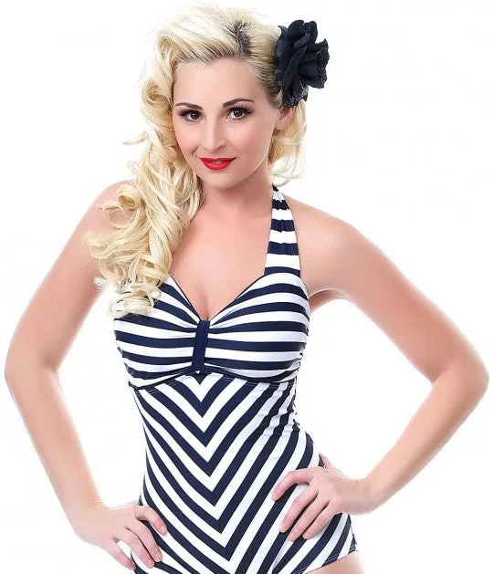 Unique Vintage Navy & White Striped Dinah One Piece Swimsuit Size XS