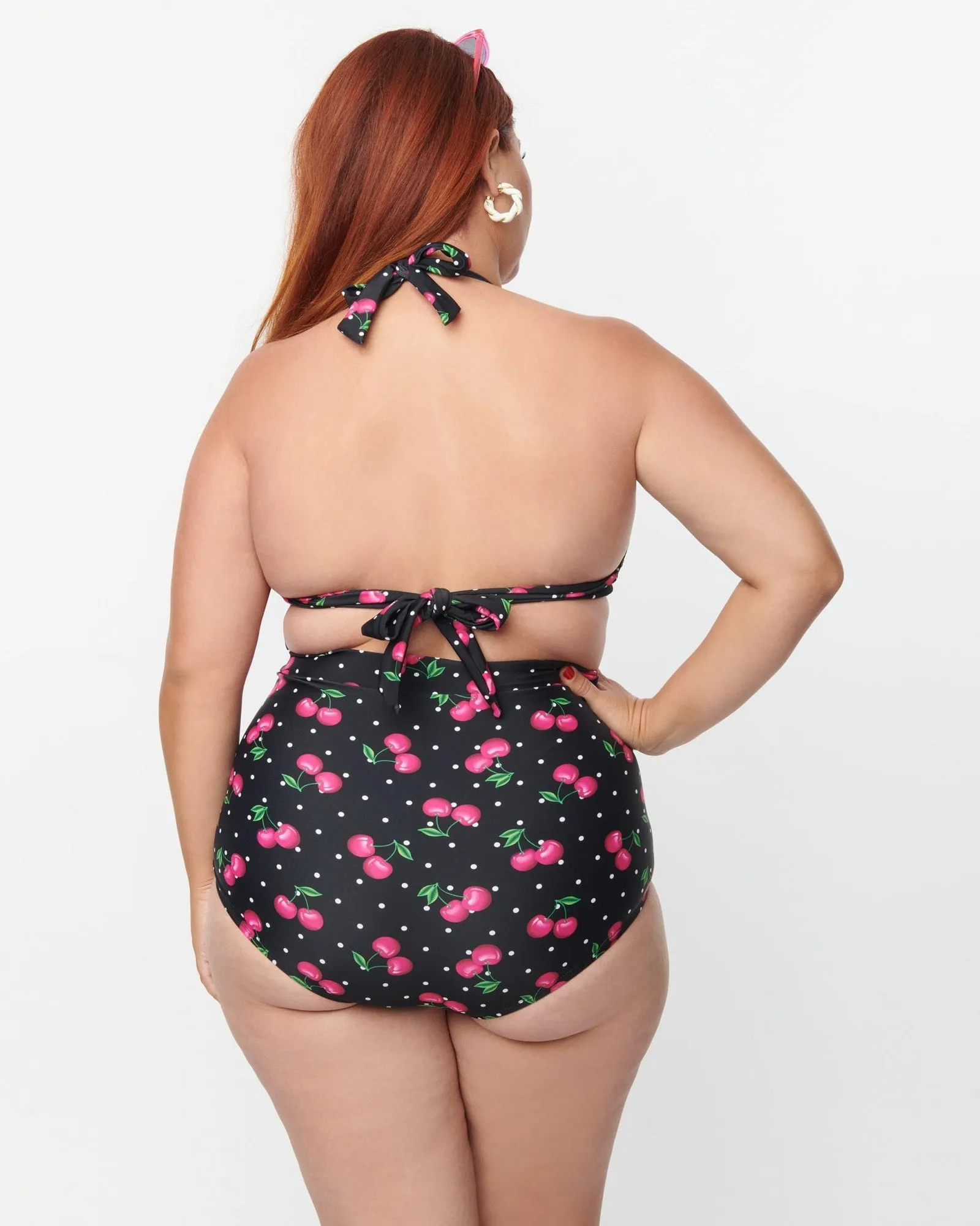 Unique Vintage Plus Size Black & Hot Pink Cherry Pin Dot Monroe Swim Top | Black & Hot Pink Cherry Pin Dot