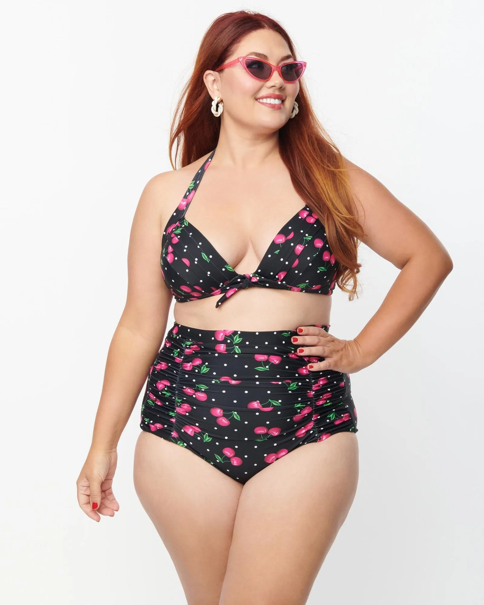 Unique Vintage Plus Size Black & Hot Pink Cherry Pin Dot Monroe Swim Top | Black & Hot Pink Cherry Pin Dot