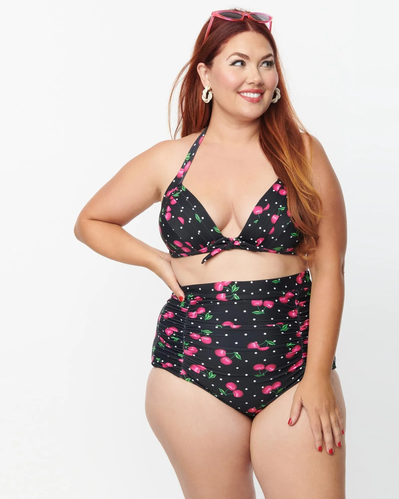 Unique Vintage Plus Size Black & Hot Pink Cherry Pin Dot Monroe Swim Top | Black & Hot Pink Cherry Pin Dot