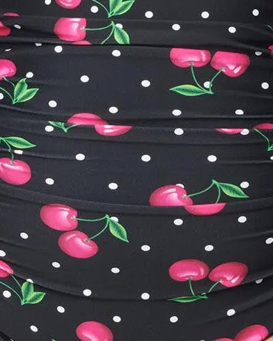 Unique Vintage Plus Size Black & Hot Pink Cherry Pin Dot Monroe Swim Top | Black & Hot Pink Cherry Pin Dot