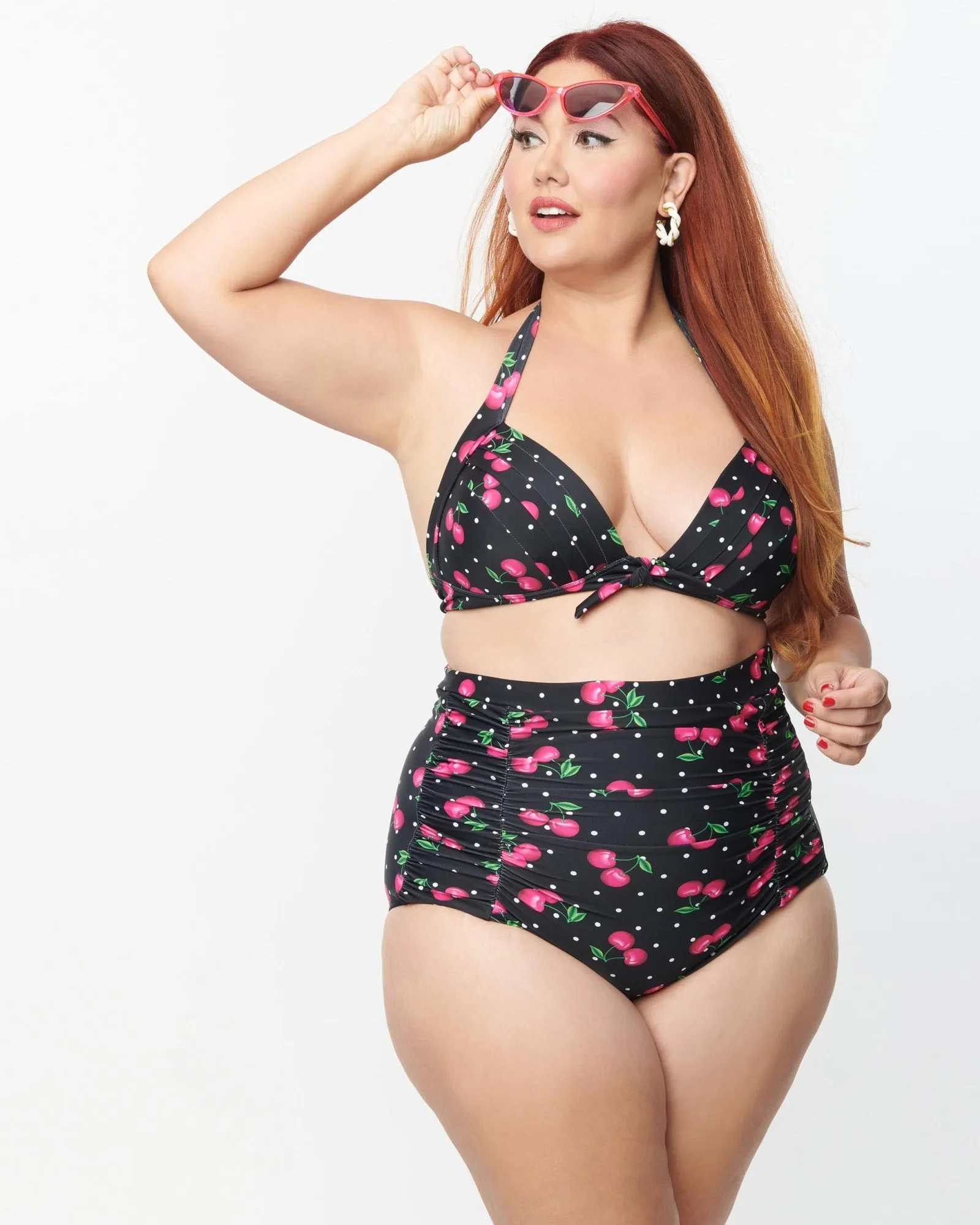 Unique Vintage Plus Size Black & Hot Pink Cherry Pin Dot Monroe Swim Top | Black & Hot Pink Cherry Pin Dot