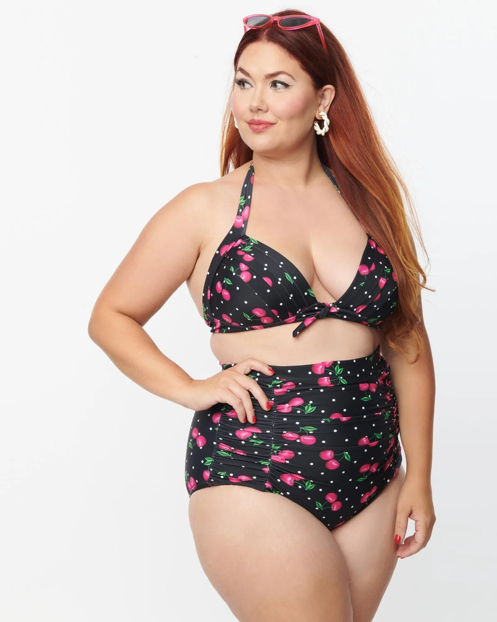 Unique Vintage Plus Size Black & Hot Pink Cherry Pin Dot Monroe Swim Top | Black & Hot Pink Cherry Pin Dot