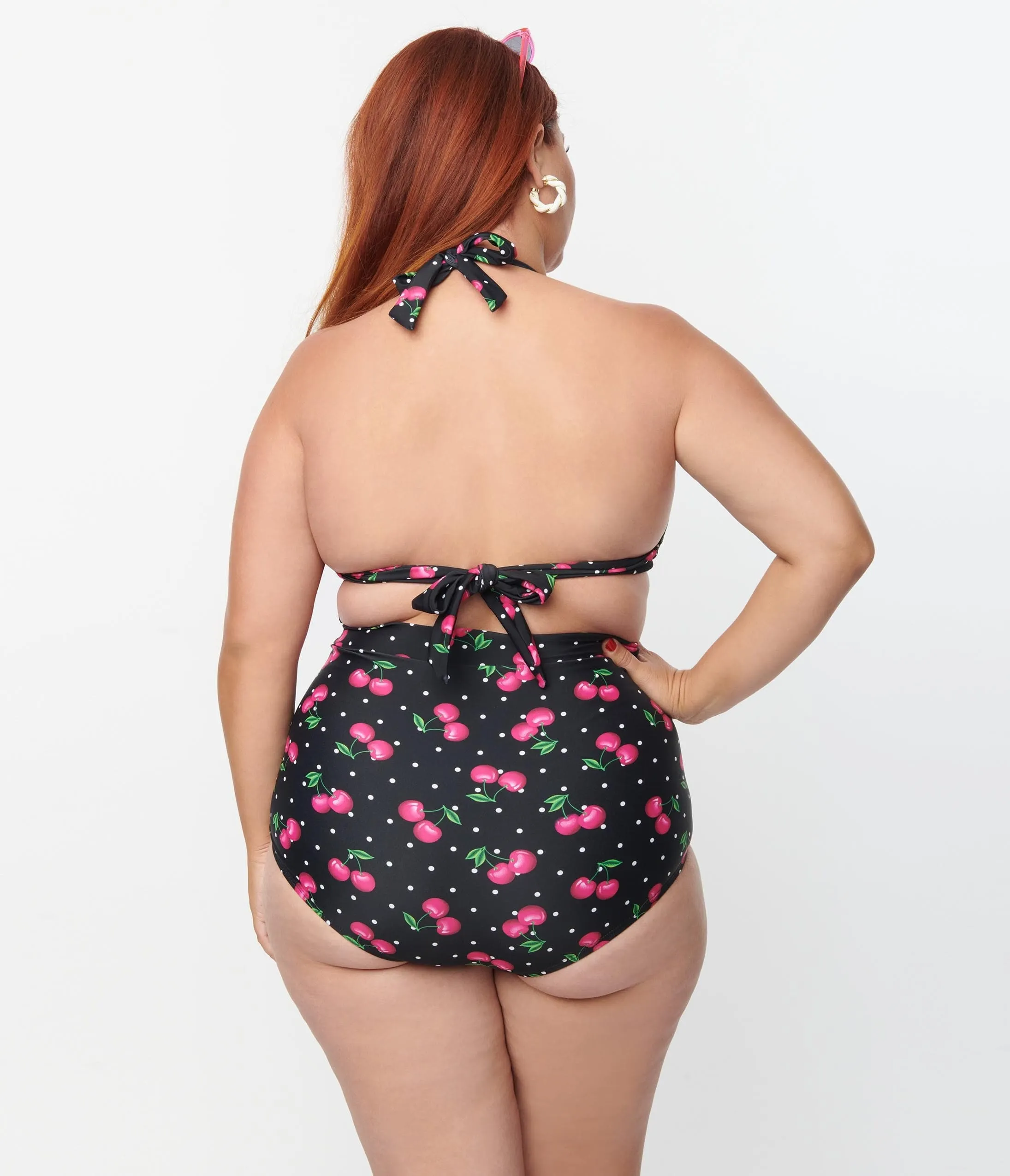 Unique Vintage Plus Size Black & Hot Pink Cherry Pin Dot Monroe Swim Top