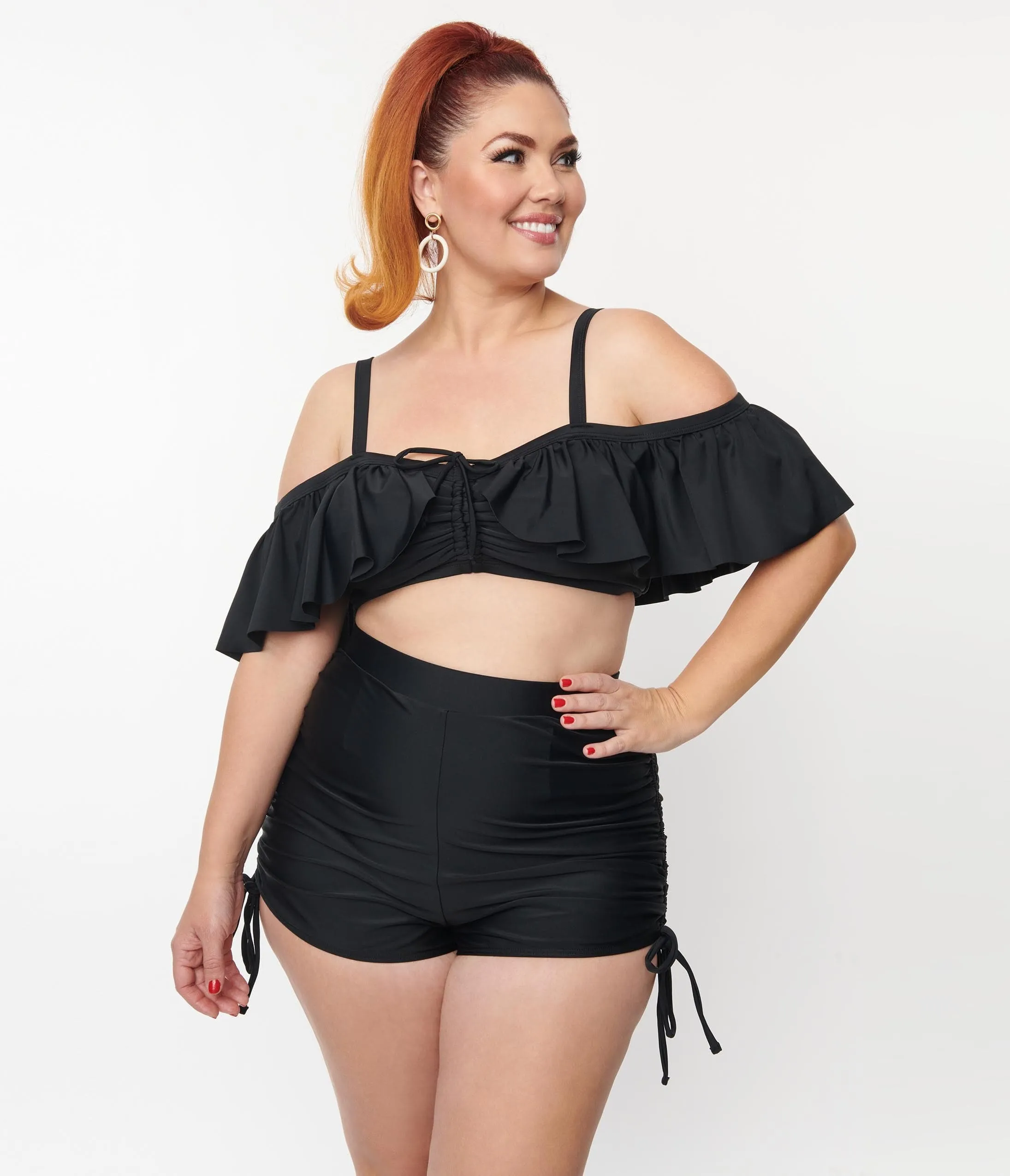Unique Vintage Plus Size Black Ruffled Swim Top