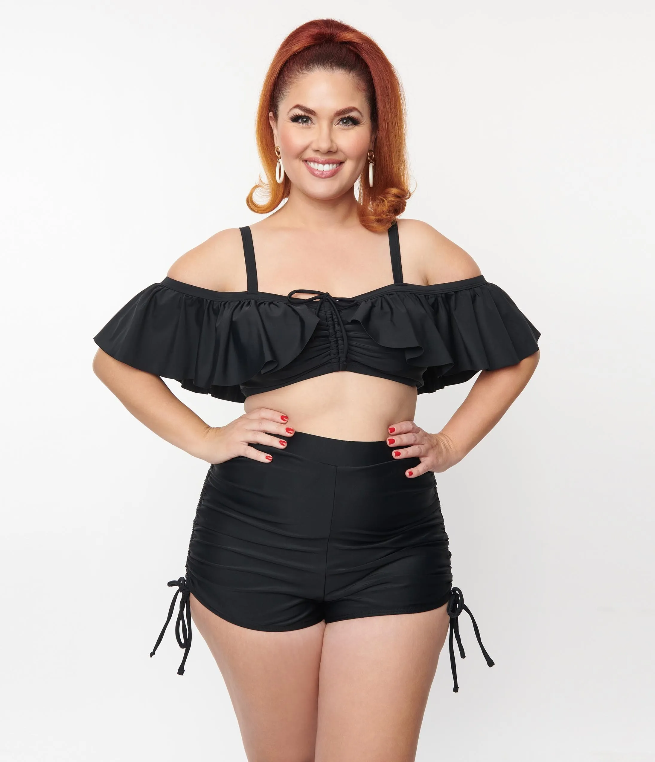 Unique Vintage Plus Size Black Ruffled Swim Top