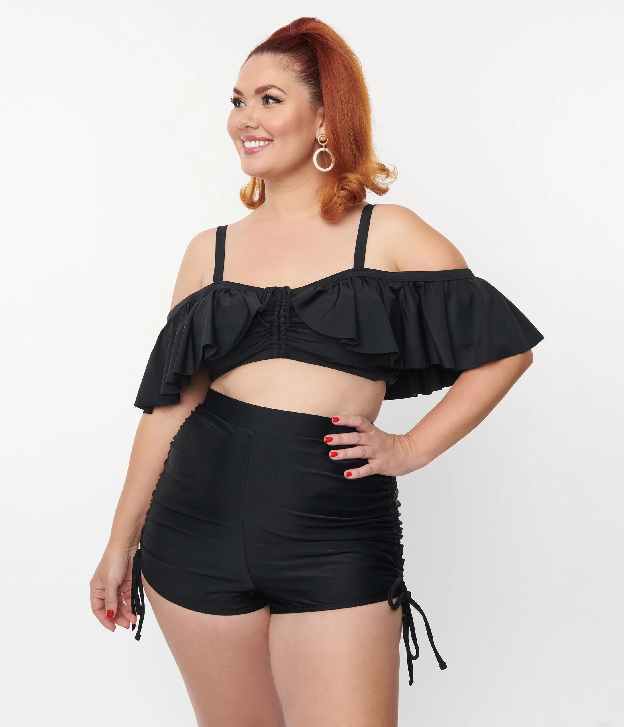 Unique Vintage Plus Size Black Ruffled Swim Top
