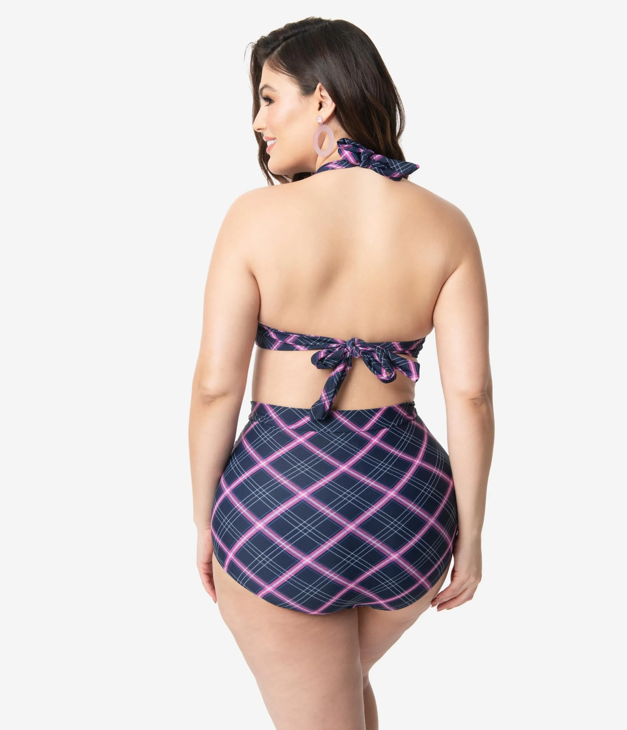 Unique Vintage Plus Size Navy & Pink Plaid Monroe High Waist Swim Bottom