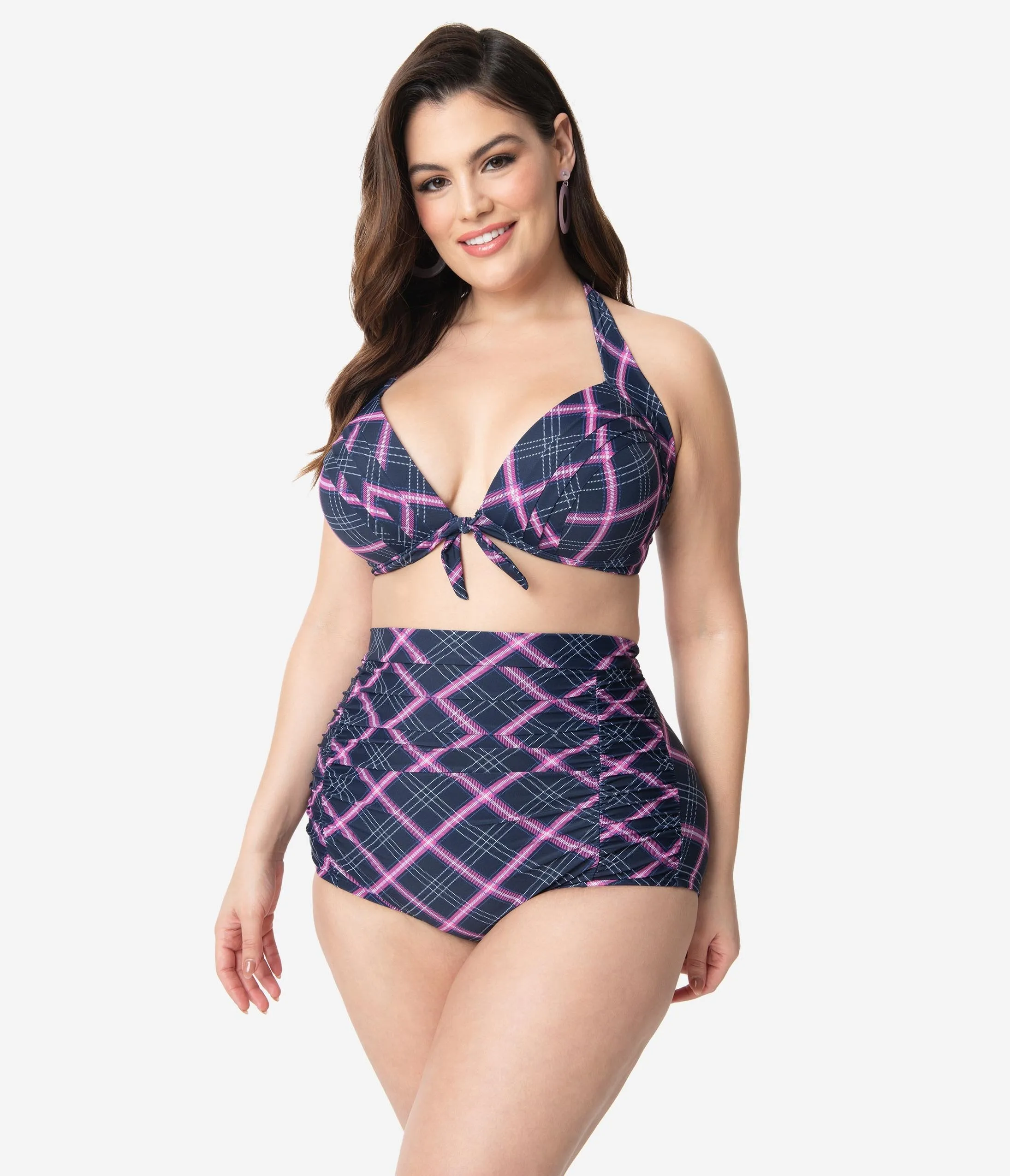 Unique Vintage Plus Size Navy & Pink Plaid Monroe High Waist Swim Bottom