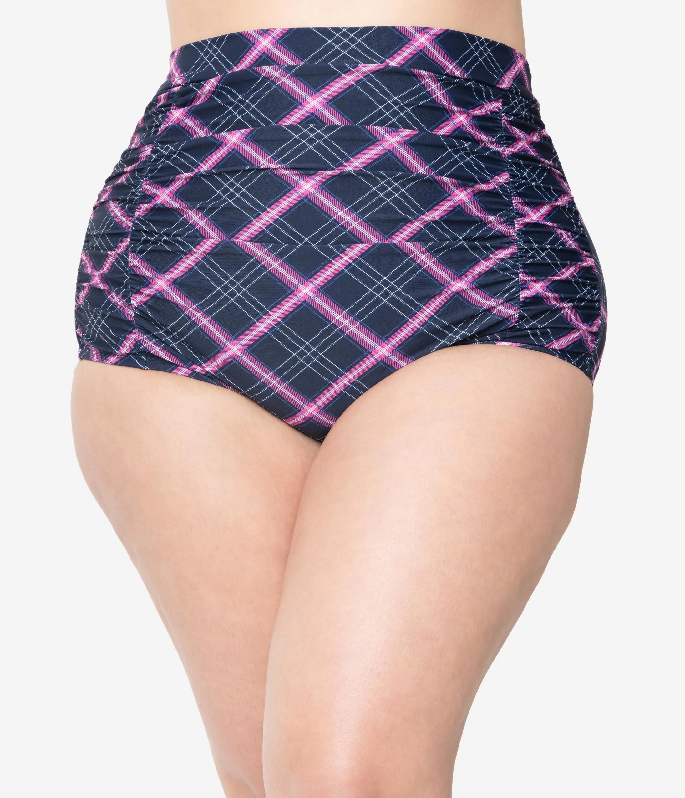 Unique Vintage Plus Size Navy & Pink Plaid Monroe High Waist Swim Bottom