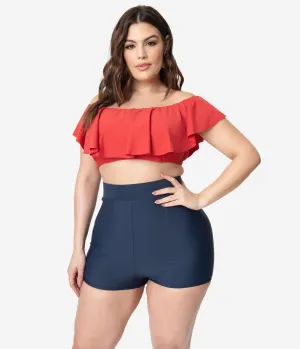Unique Vintage Plus Size Navy Blue High Waist Capitola Swim Shorts