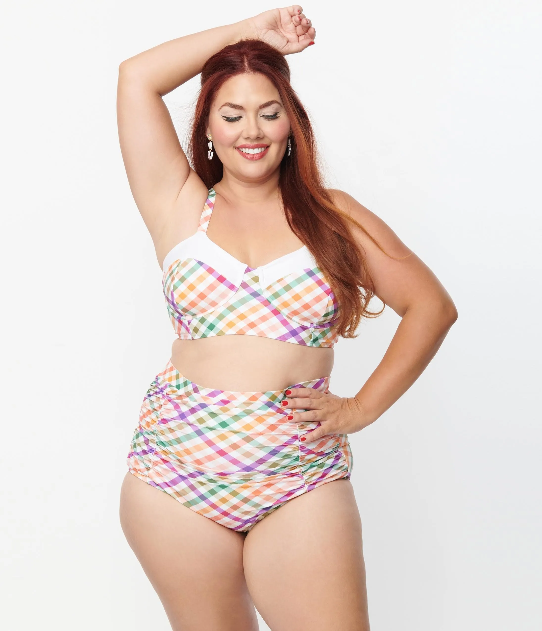 Unique Vintage Plus Size Pastel Madras Gingham Marlene Crop Swim Top
